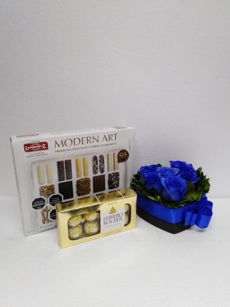 6 Rosas Azules en Caja Corazn, Bombones Ferrero Rocher 100 Grs y Galletas Lambertz 500 Grs 